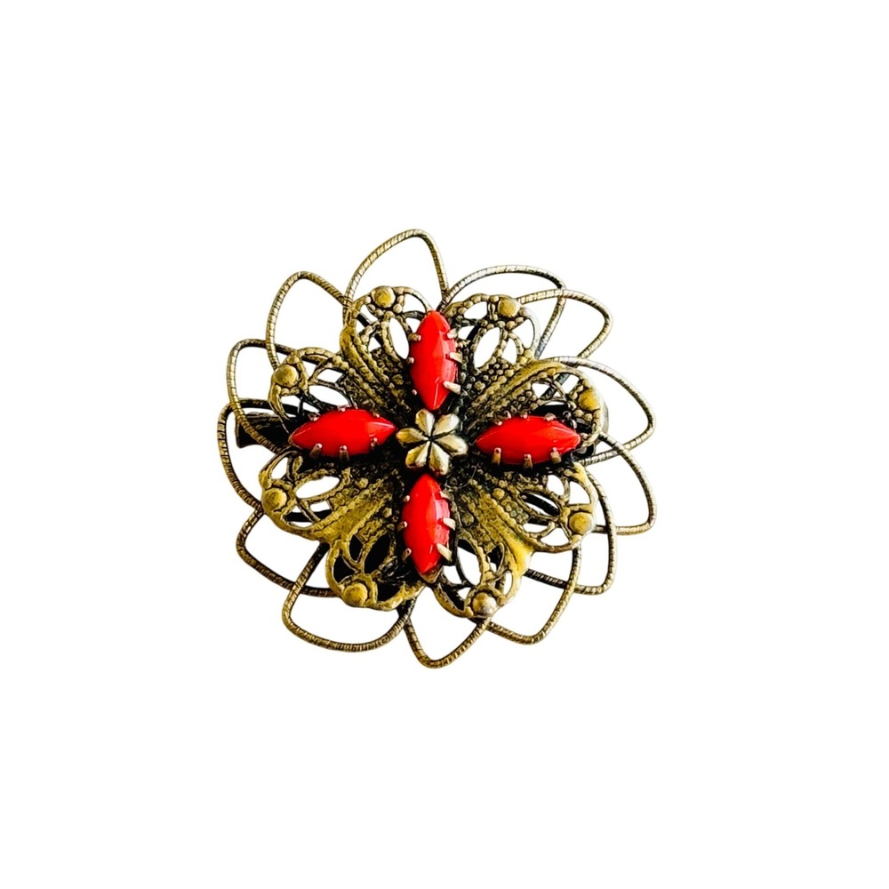 VTG Freirich Victorian Style Coral Brooch Pin Gilt Maltese Cross Ornate Filigree